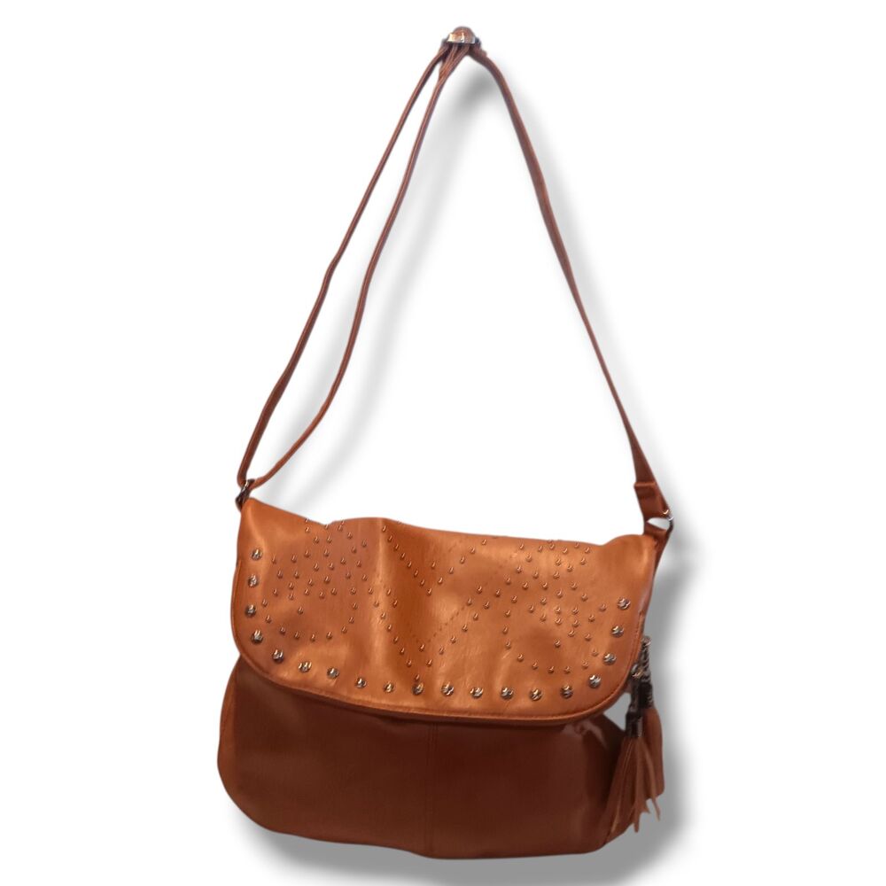 Sam & Hadley Faux Leather Foldover Purse-Crossbody Strap-Studded-Tassel-Brown